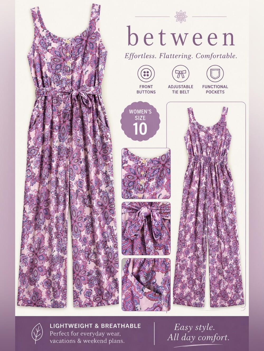 btween Purple Paisley Sleeveless Jumpsuit
